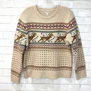 LL Bean Wool Fair Isle Holiday Sweater Womens Medium Petite Reindeer Nordic Ski